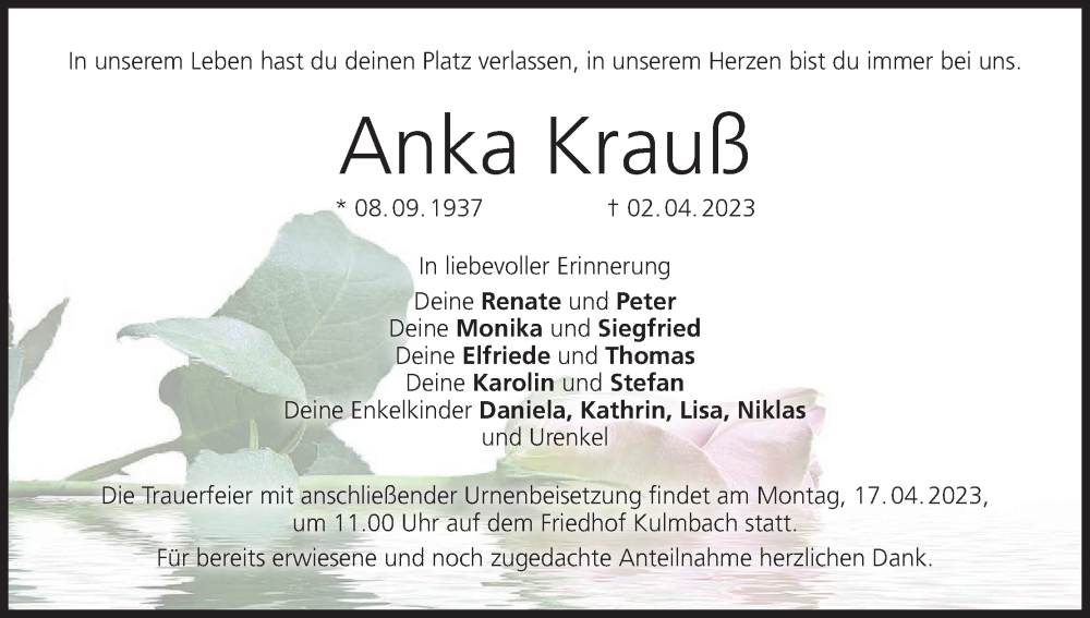  Traueranzeige für Anka Krauß vom 13.04.2023 aus MGO