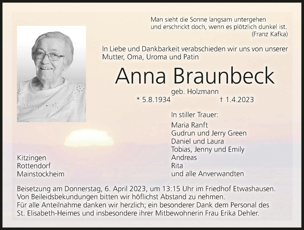  Traueranzeige für Anna Braunbeck vom 04.04.2023 aus MGO