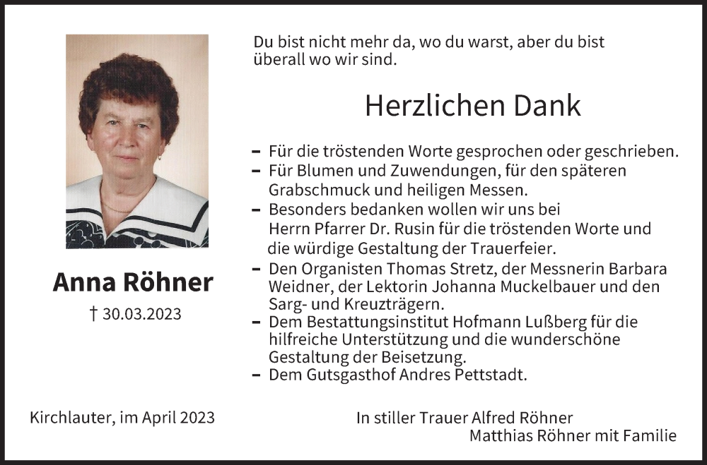  Traueranzeige für Anna Röhner vom 29.04.2023 aus MGO