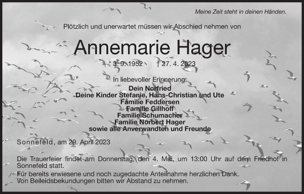  Traueranzeige für Annemarie Hager vom 29.04.2023 aus MGO