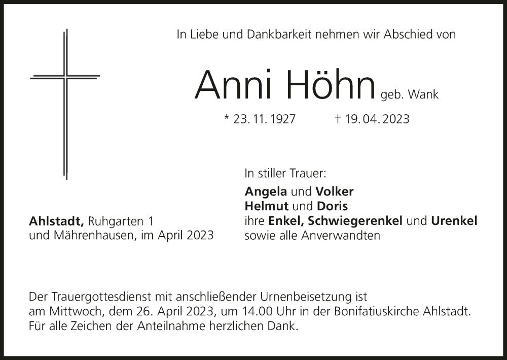  Traueranzeige für Anni Höhn vom 22.04.2023 aus MGO