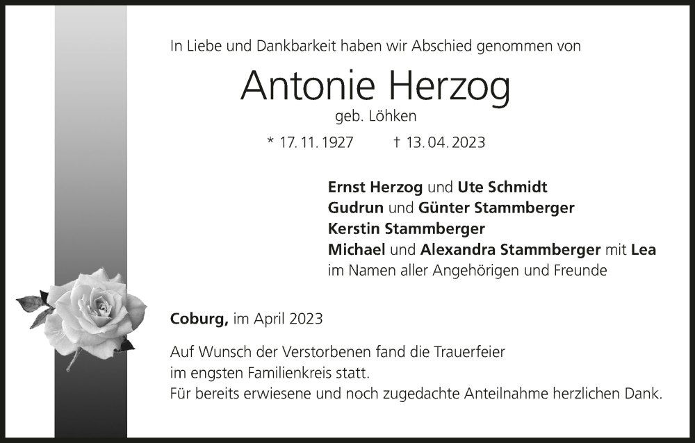  Traueranzeige für Antonie Herzog vom 29.04.2023 aus MGO
