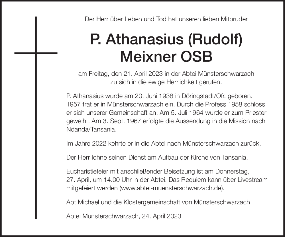  Traueranzeige für Athanasius Meixner vom 25.04.2023 aus MGO