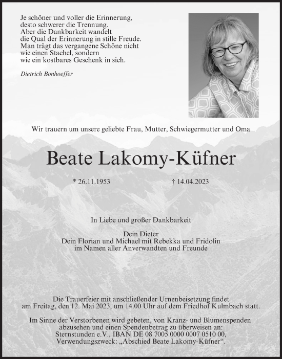 Anzeige von Beate Lakomy-Küfner von MGO