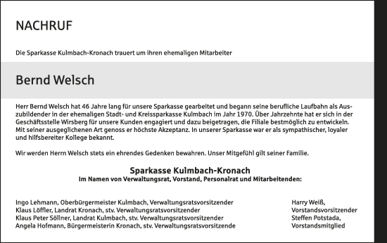 Anzeige von Bernd Welsch von MGO