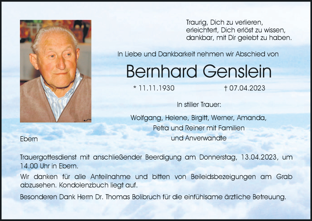  Traueranzeige für Bernhard Genslein vom 12.04.2023 aus MGO