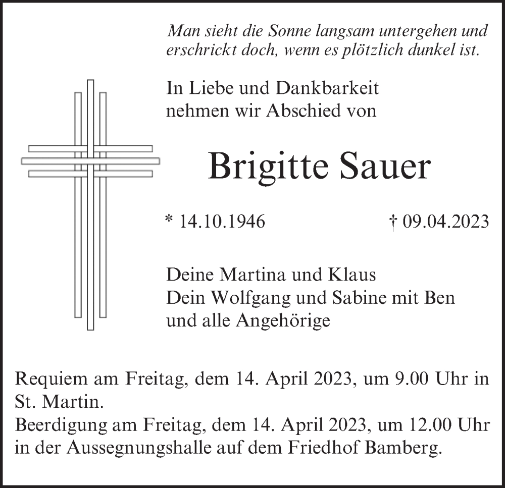  Traueranzeige für Brigitte Sauer vom 12.04.2023 aus MGO