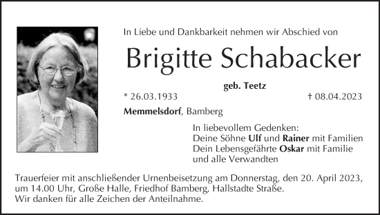 Anzeige von Brigitte Schabacker von MGO