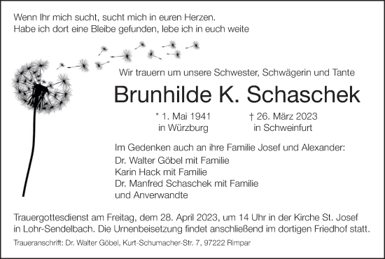 Anzeige von Brunhilde K. Schaschek von MGO