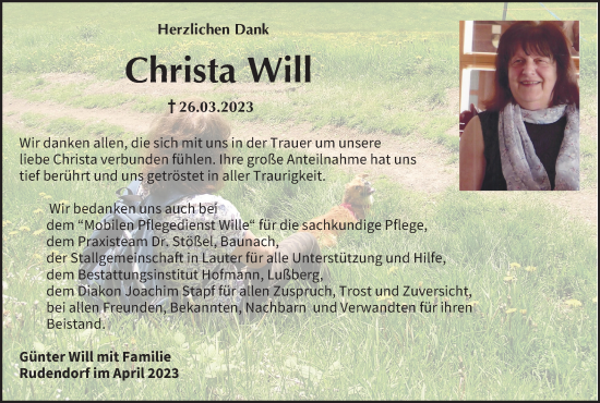 Anzeige von Christa Will von MGO