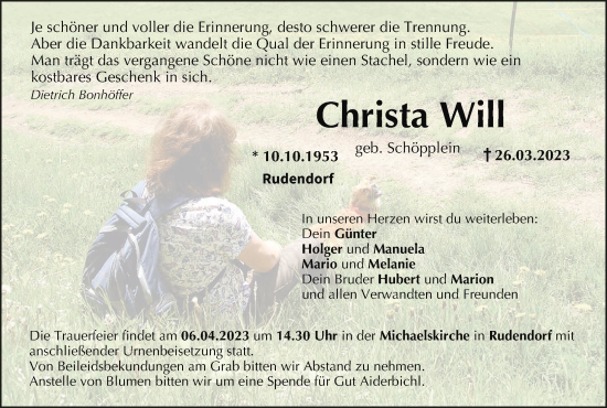 Anzeige von Christa Will von MGO