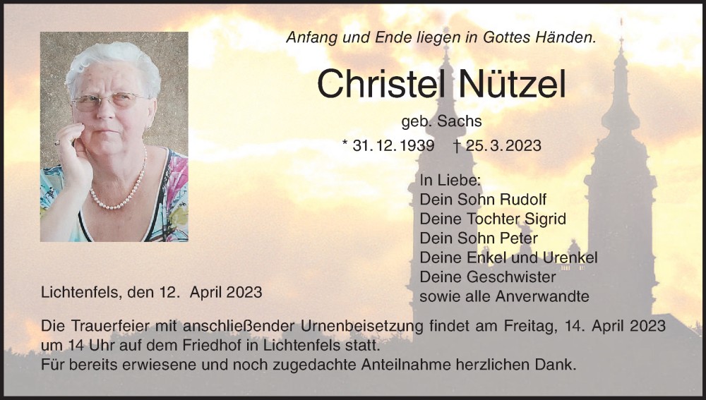 Traueranzeige für Christel Nützel vom 12.04.2023 aus MGO