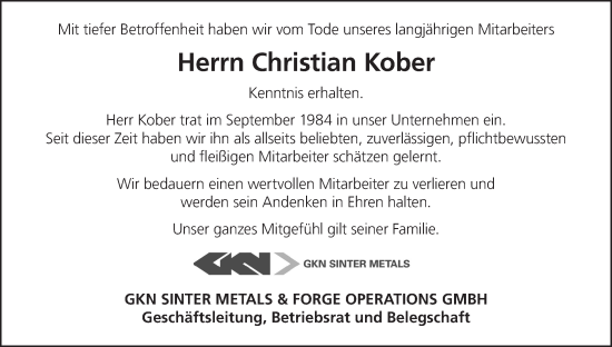 Anzeige von Christian Kober von MGO