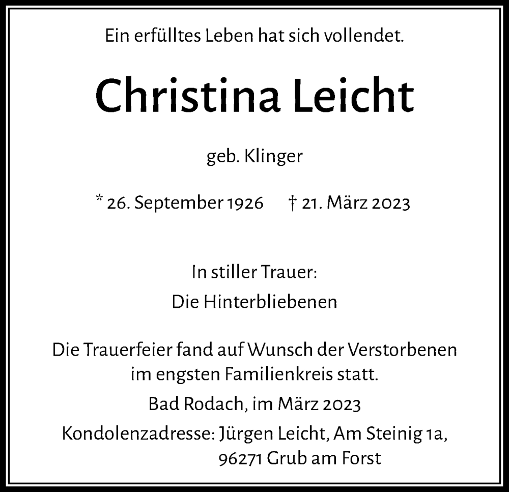  Traueranzeige für Christina Leicht vom 01.04.2023 aus MGO