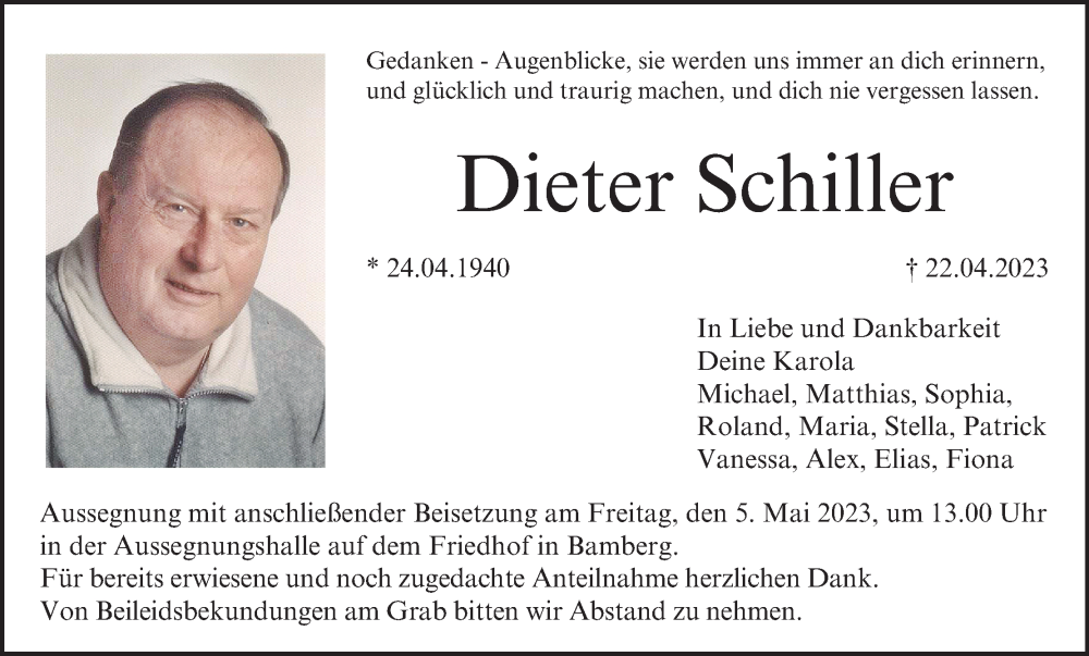  Traueranzeige für Dieter Schiller vom 29.04.2023 aus MGO
