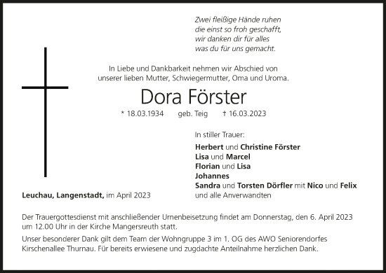 Anzeige von Dora Förster von MGO