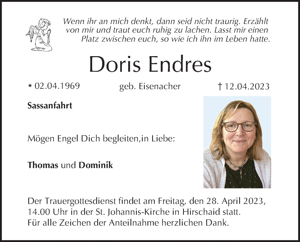  Traueranzeige für Doris Endres vom 22.04.2023 aus MGO