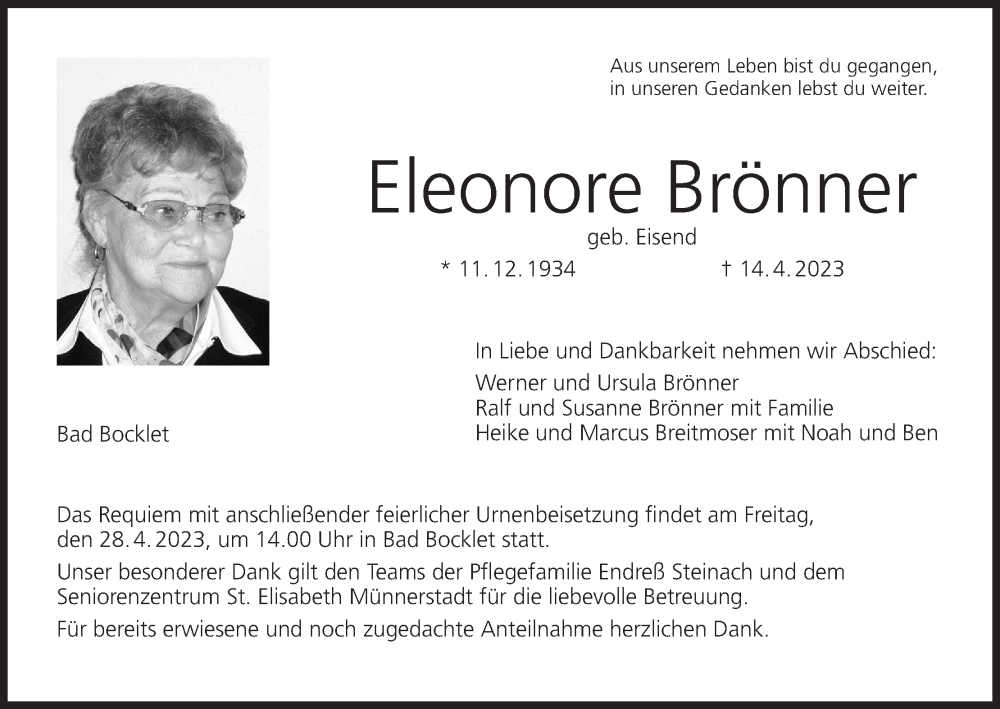 Traueranzeige für Eleonore Brönner vom 22.04.2023 aus MGO
