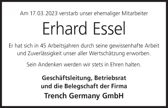 Anzeige von Erhard Essel von MGO