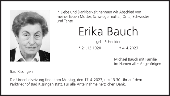 Anzeige von Erika Bauch von MGO