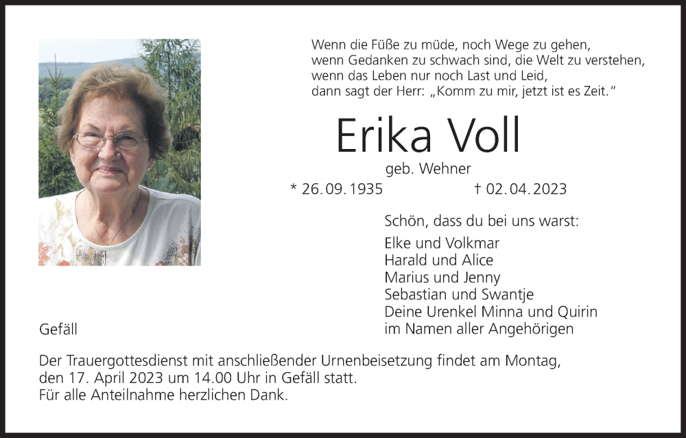  Traueranzeige für Erika Voll vom 13.04.2023 aus MGO