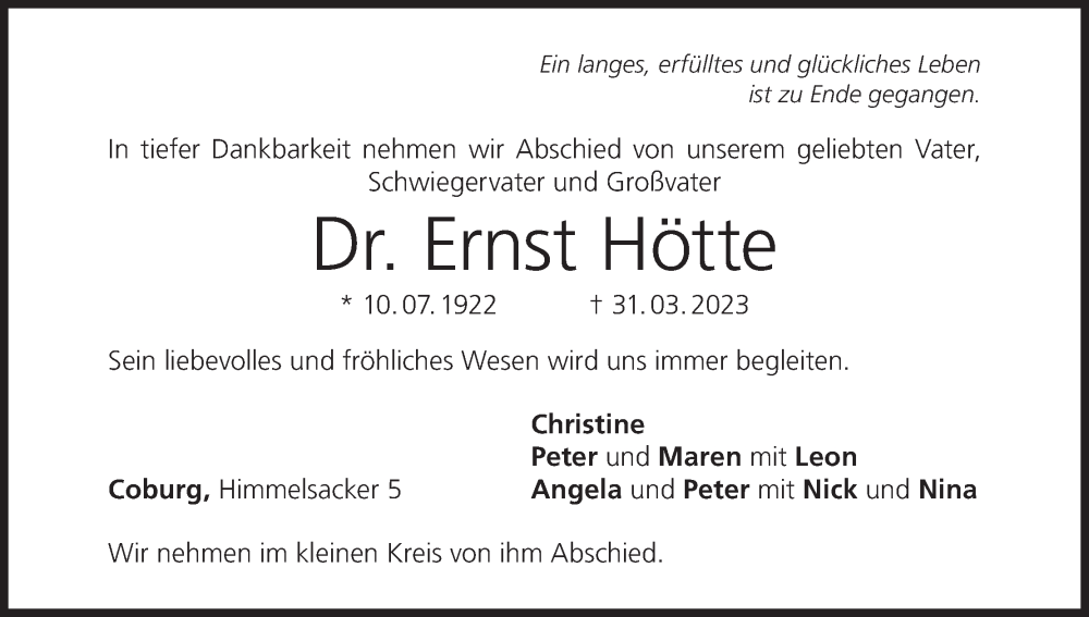 Traueranzeige für Ernst Hötte vom 05.04.2023 aus MGO