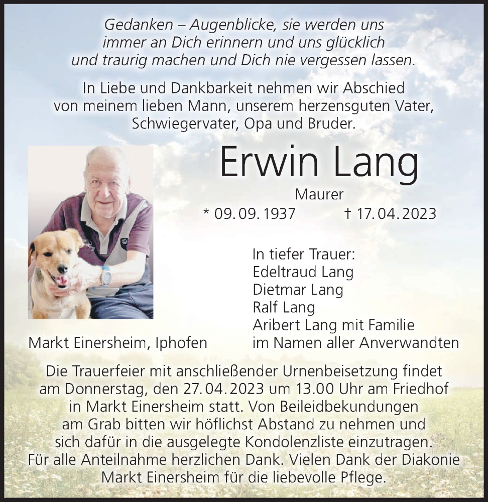  Traueranzeige für Erwin Lang vom 22.04.2023 aus MGO