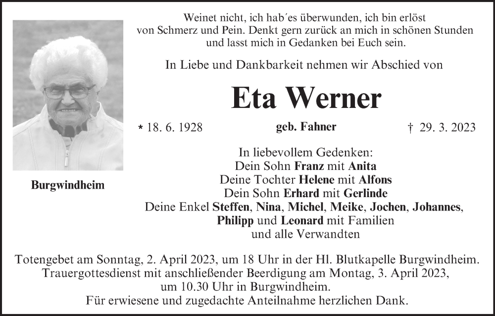  Traueranzeige für Eta Werner vom 01.04.2023 aus MGO