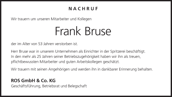 Anzeige von Frank Bruse von MGO
