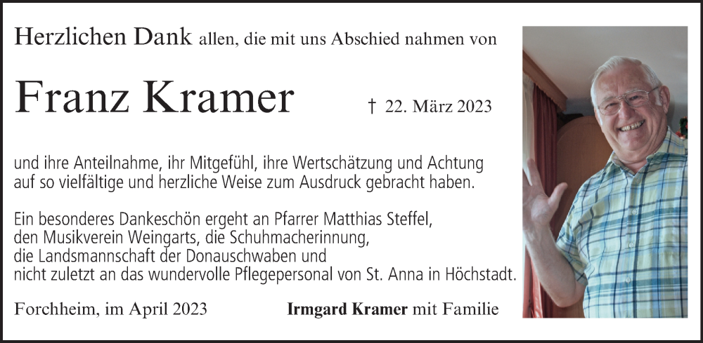  Traueranzeige für Franz Kramer vom 15.04.2023 aus MGO