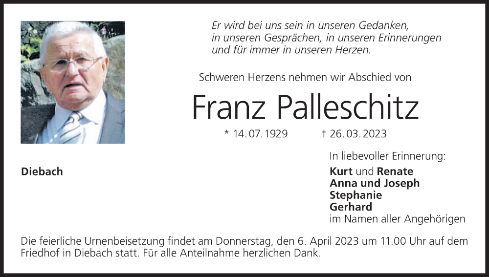  Traueranzeige für Franz Palleschitz vom 01.04.2023 aus MGO