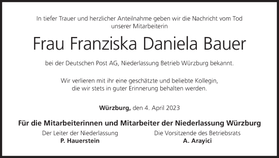 Anzeige von Franziska Daniela Bauer von MGO