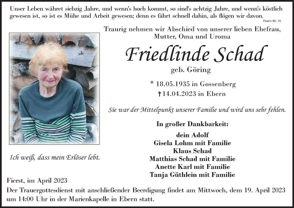  Traueranzeige für Friedlinde Schad vom 18.04.2023 aus MGO