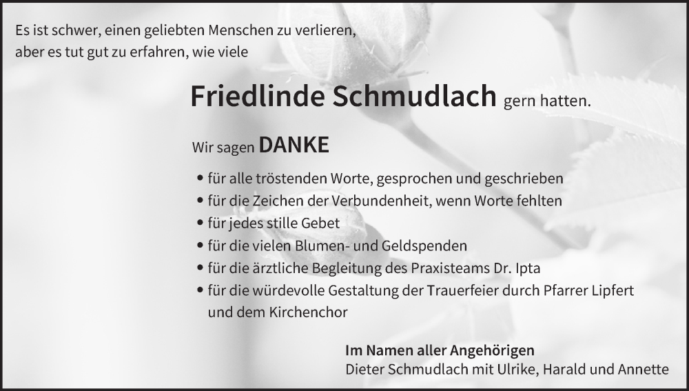  Traueranzeige für Friedlinde Schmudlach vom 06.04.2023 aus MGO