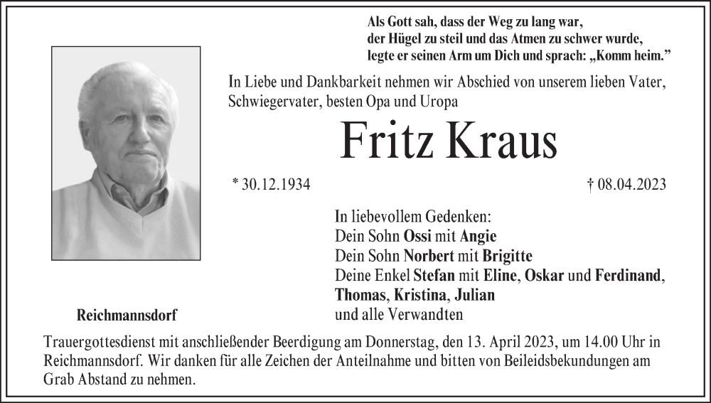  Traueranzeige für Fritz Kraus vom 12.04.2023 aus MGO