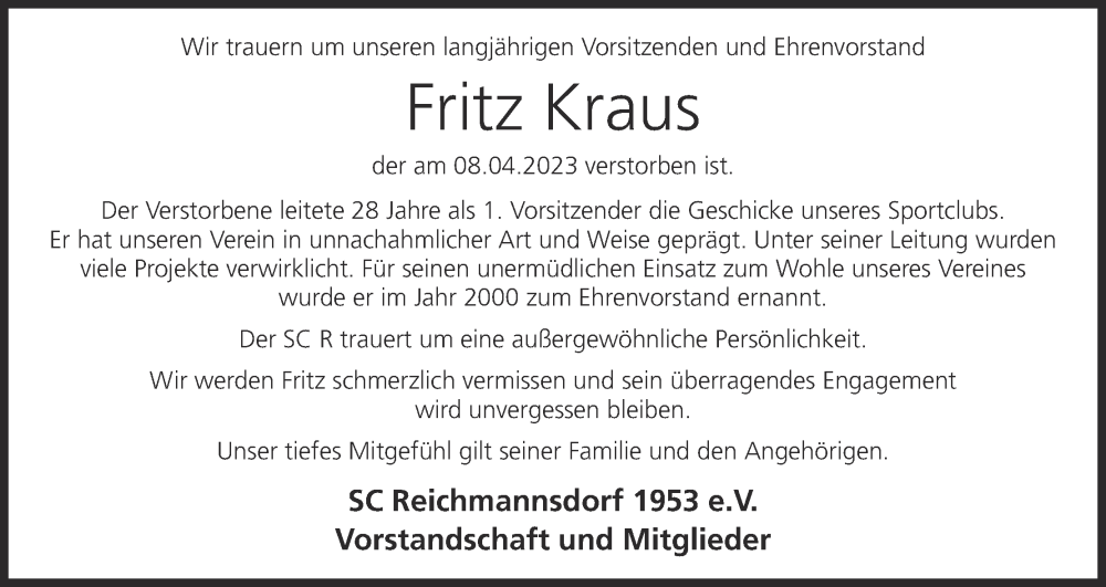  Traueranzeige für Fritz Kraus vom 12.04.2023 aus MGO