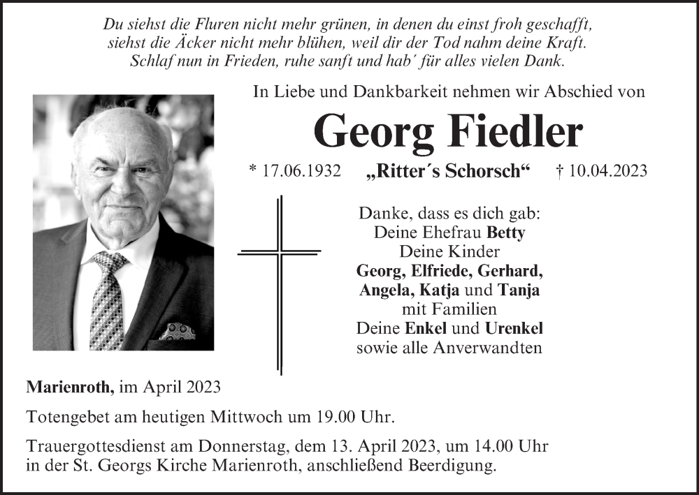  Traueranzeige für Georg Fiedler vom 12.04.2023 aus MGO