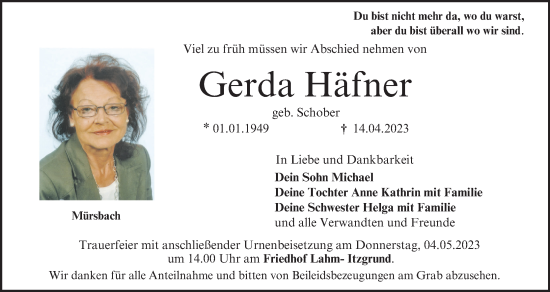 Anzeige von Gerda Häfner von MGO