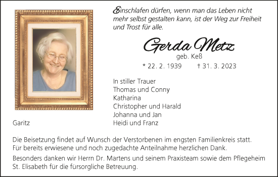 Anzeige von Gerda Metz von MGO