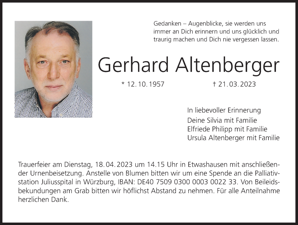  Traueranzeige für Gerhard Altenberger vom 14.04.2023 aus MGO