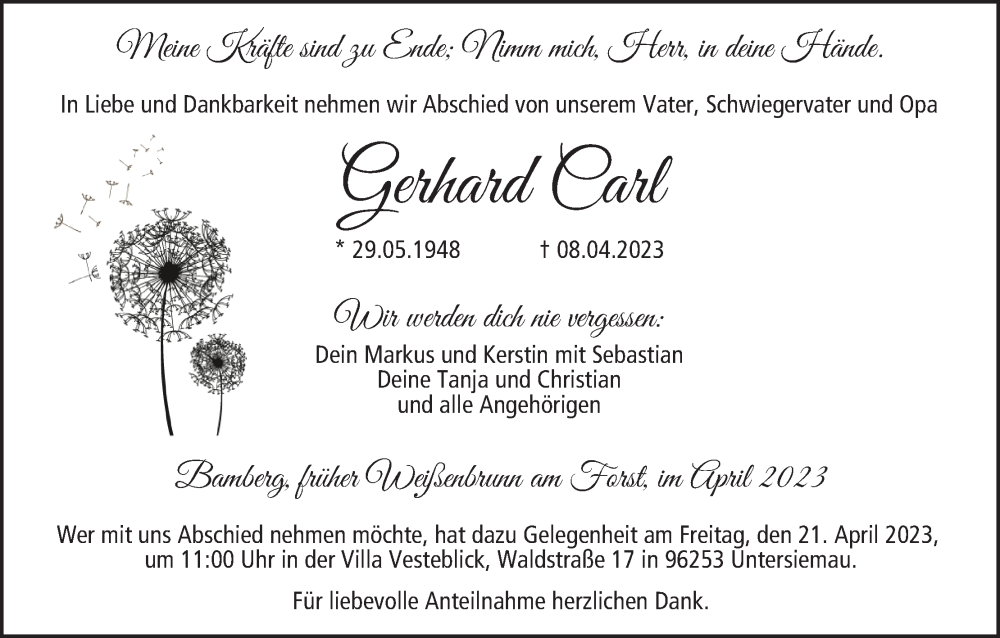  Traueranzeige für Gerhard Carl vom 15.04.2023 aus MGO