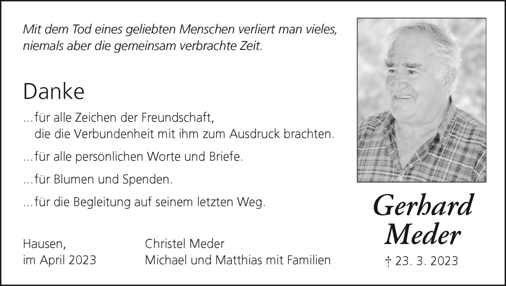  Traueranzeige für Gerhard Meder vom 22.04.2023 aus MGO