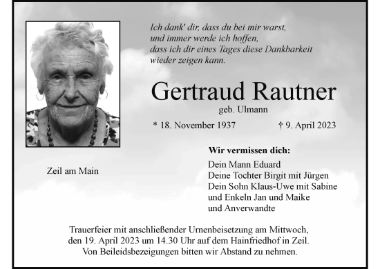 Anzeige von Gertraud Rautner von MGO