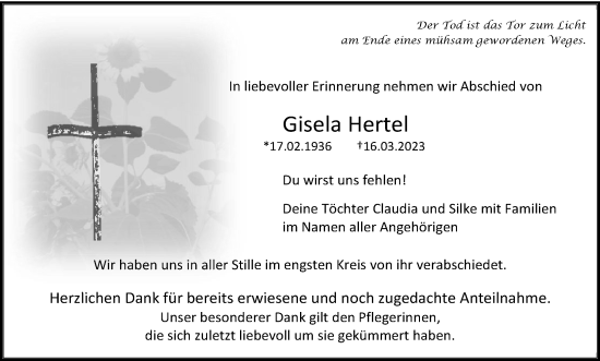 Anzeige von Gisela Hertel von MGO