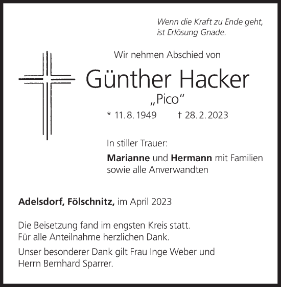 Anzeige von Günther Hacker von MGO