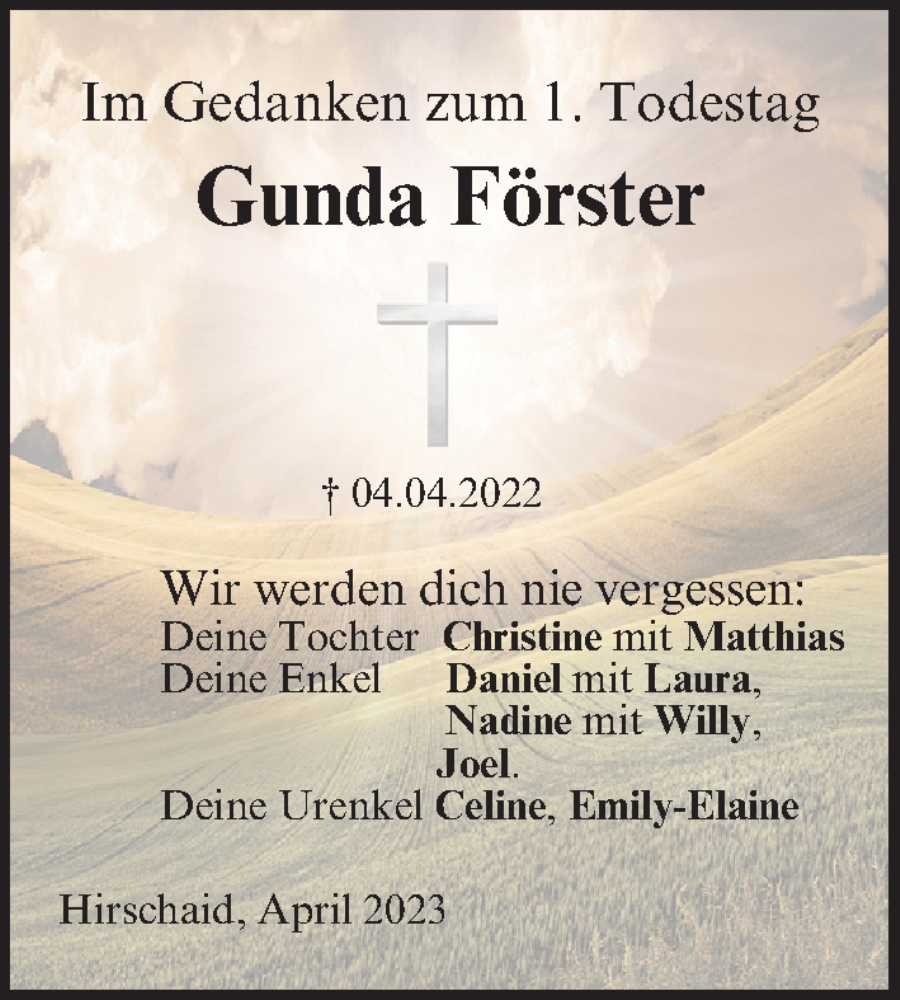  Traueranzeige für Gunda Förster vom 04.04.2023 aus MGO
