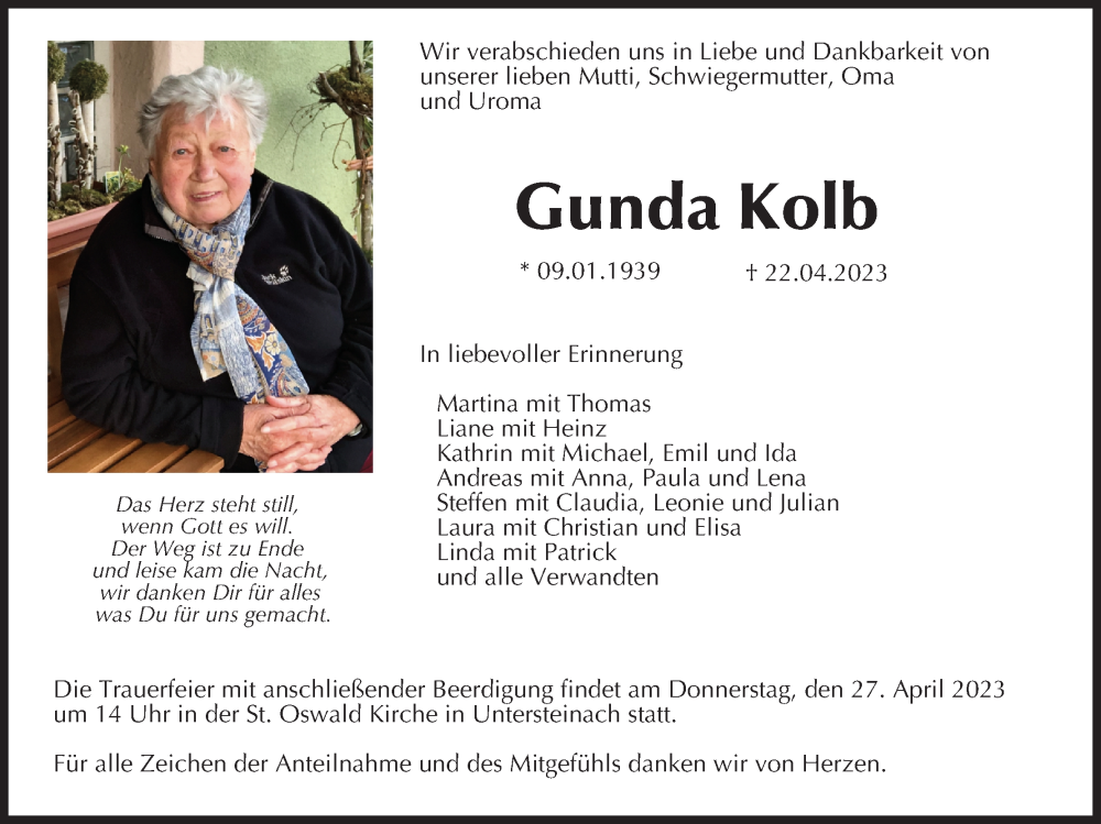  Traueranzeige für Gunda Kolb vom 25.04.2023 aus MGO