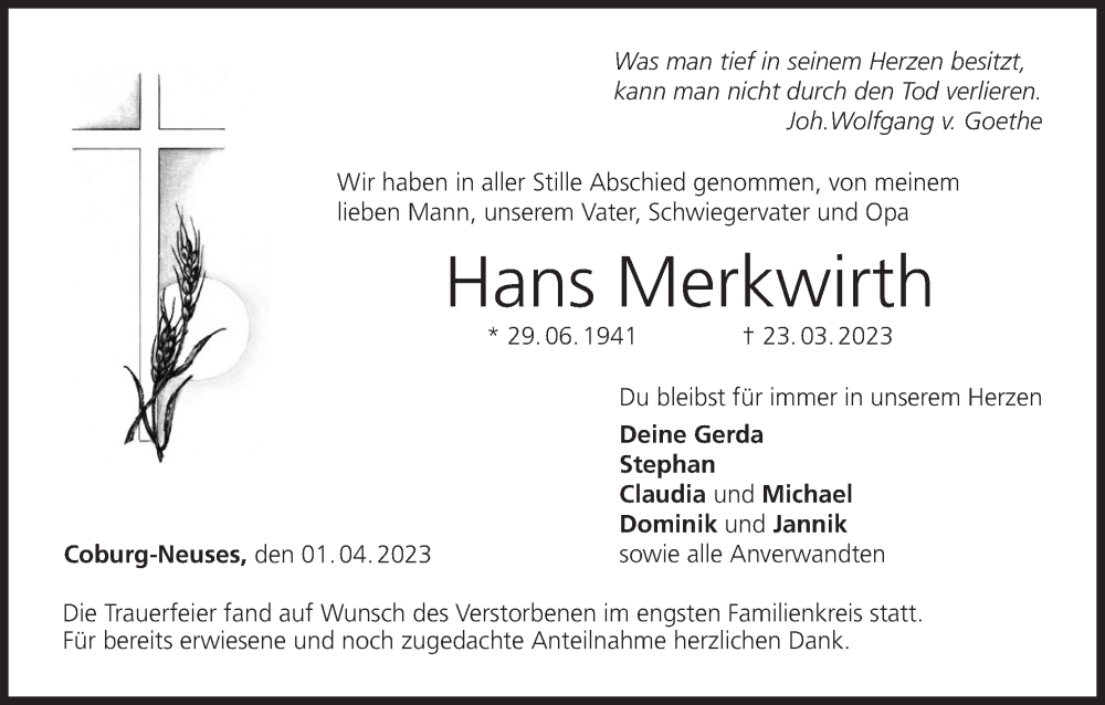  Traueranzeige für Hans Merkwirth vom 01.04.2023 aus MGO