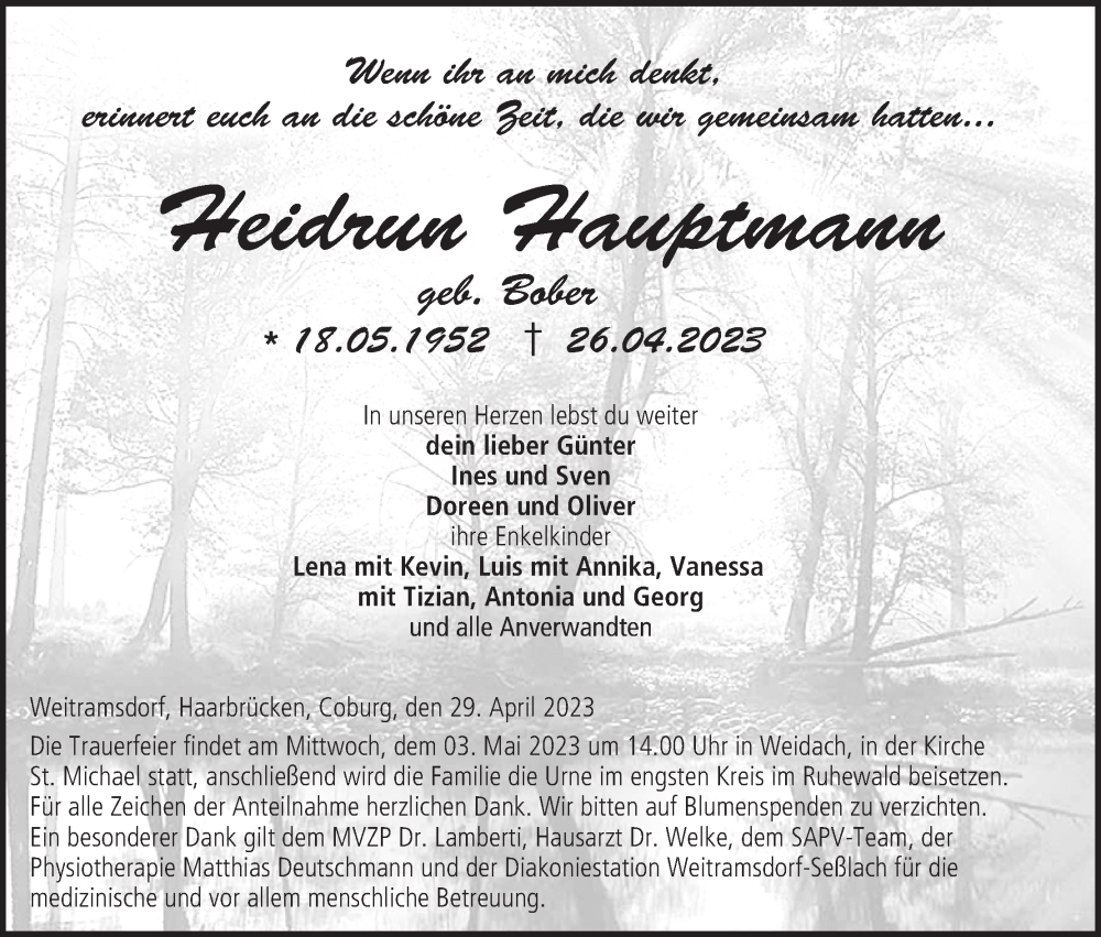  Traueranzeige für Heidrun Hauptmann vom 29.04.2023 aus MGO