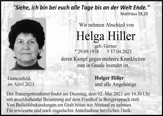 Anzeige von Helga Hiller von MGO